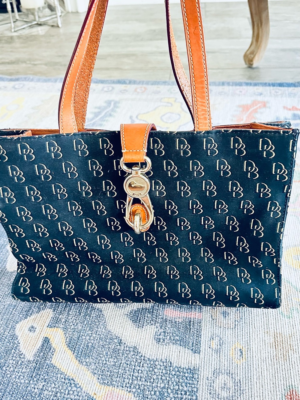 Dooney & Bourke Black Monogram Tote Bag Brown Leather Trim